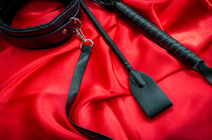 Riding crop, a whip flogger, leather choker and leash on red satin, kinky sex toys for dom / sub sexual and other forms of kink