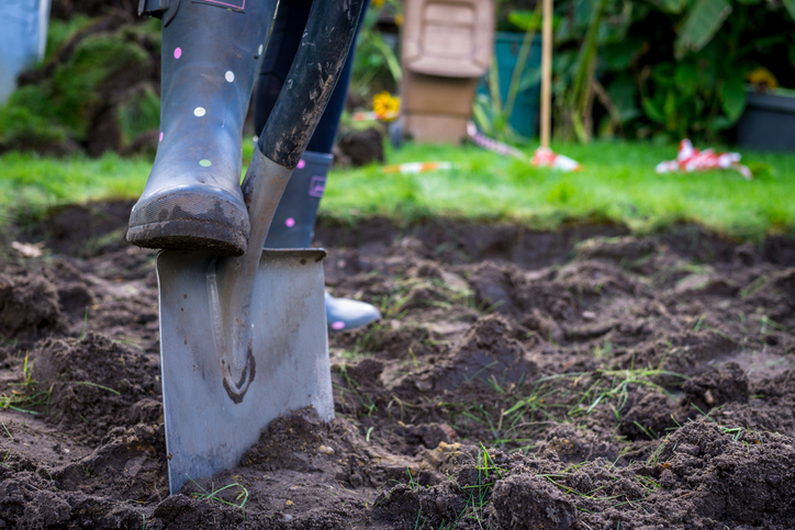 spades and rubber boots in the garden with green grass