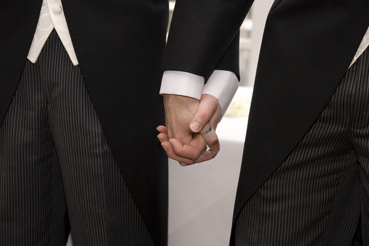 Gay couple holding hands getting married