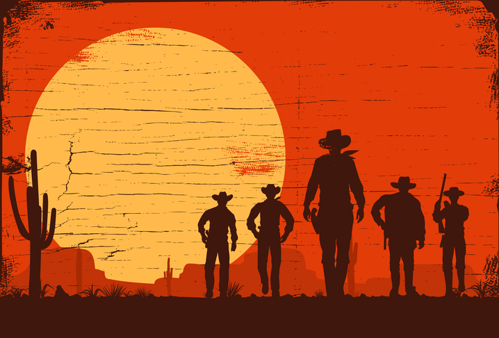 Silhouette of five cowboys walking forward on a wooden board
